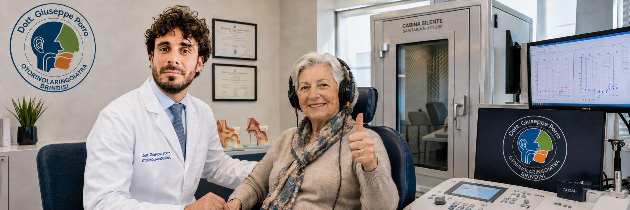 otorinolaringoiatra Dott. Giuseppe Porro esegue esame audiometrico ad una paziente anziana